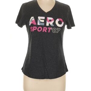Aeropostale Charcoal V-Neck Graphic Tee with Pink & White Accents